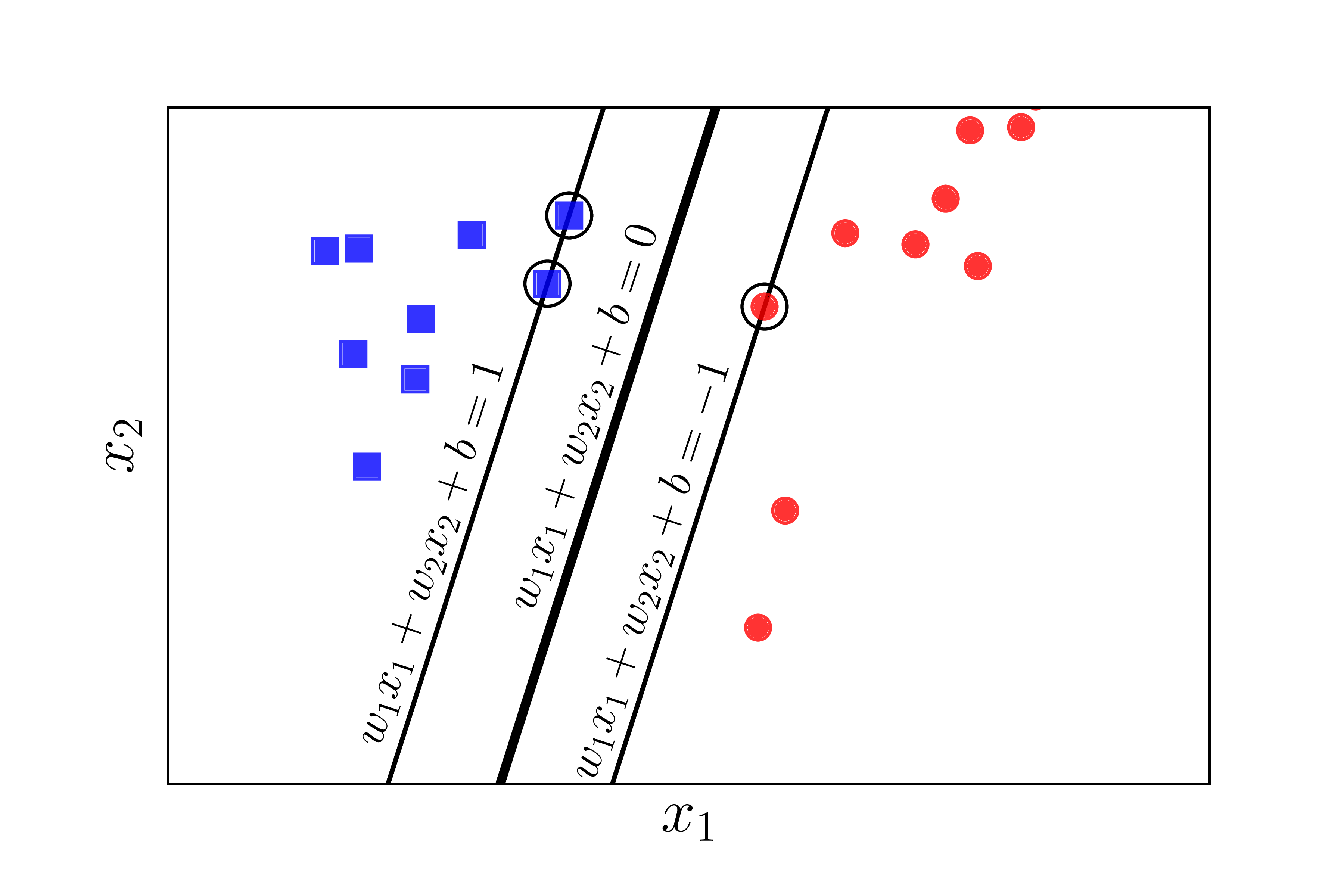 Points closest to the separating plane of the two classes are circled.